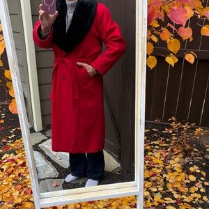Chic Red Trench Coat with Black Collar